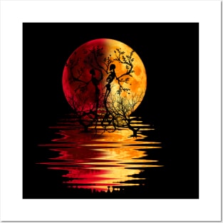 yellow red moon dead trees lovers Posters and Art